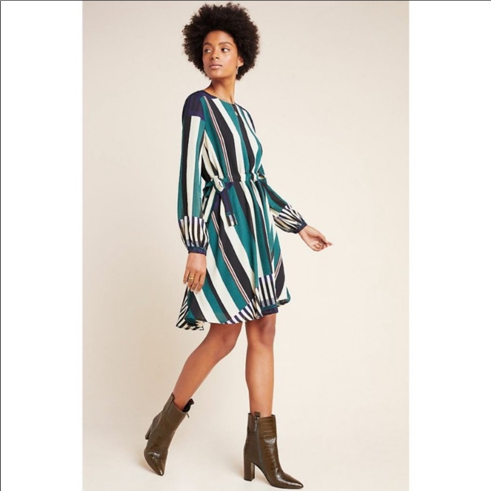 Anthropologie green stripped long sleeve dress